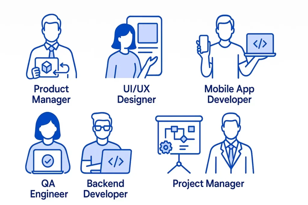 Illustration of roles in a mobile app development team